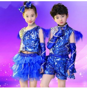 Royal blue silver sequined patchwork pu leather boys girls kids children modern dance jazz dance performance school play outfits costumes